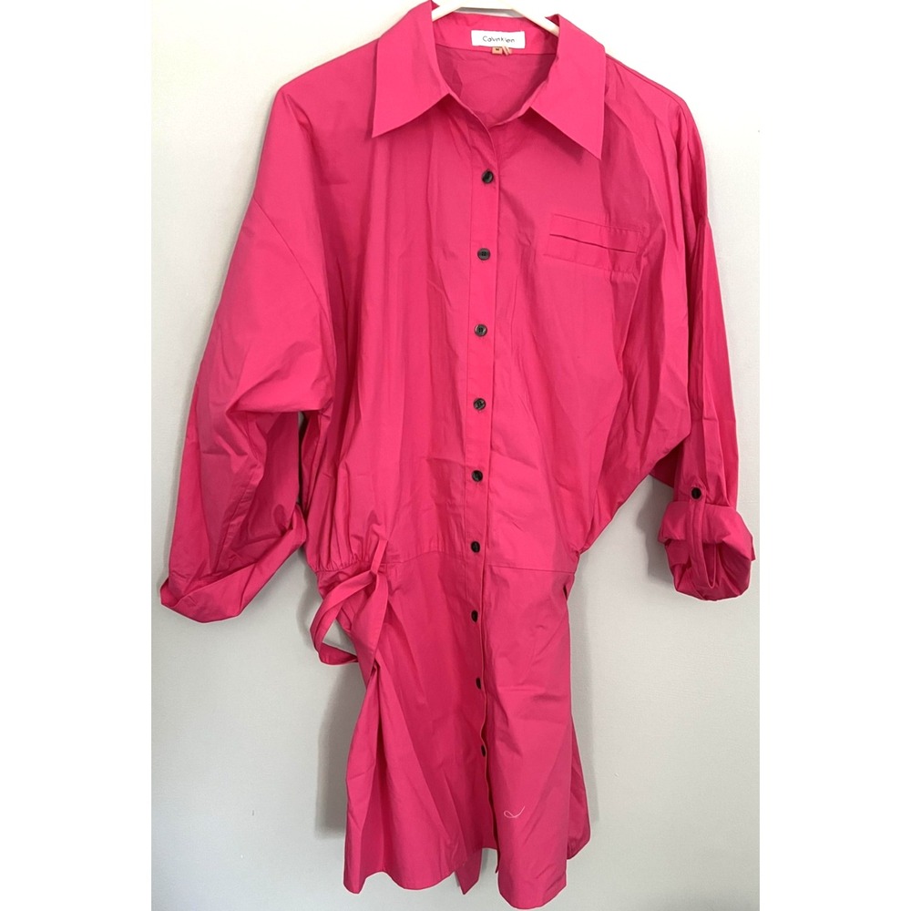 Calvin Klein Shirt Dress Womens M Pink Belted Button Front Roll Tab Sleeves Y2K
